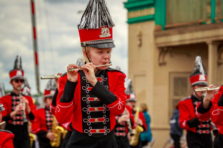 Portland, Oregon, USA - June 8, 2019: Oregon City High School Marching Band in the Grand Floral Parade, during Portland Rose Festival 2019.のeditorial素材