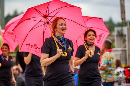 Portland, Oregon, USA - June 8, 2019: Alaska Airlines Drill Team in the Grand Floral Parade, during Portland Rose Festival 2019.のeditorial素材