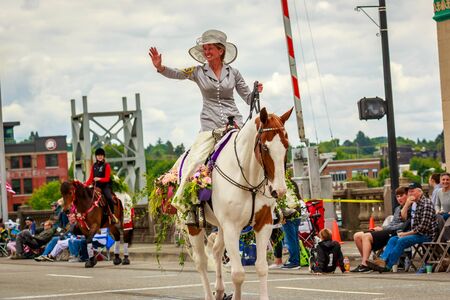 Portland, Oregon, USA - June 8, 2019: Maggy Constantino in the Grand Floral Parade, during Portland Rose Festival 2019.のeditorial素材