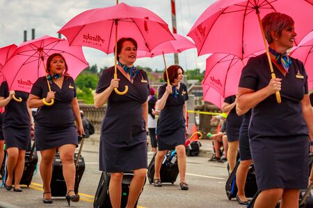 Portland, Oregon, USA - June 8, 2019: Alaska Airlines Drill Team in the Grand Floral Parade, during Portland Rose Festival 2019.のeditorial素材