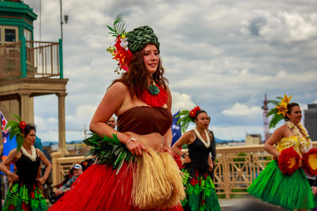 Portland, Oregon, USA - June 8, 2019: Teva Oriata Polynesian Dance Troupe in the Grand Floral...
