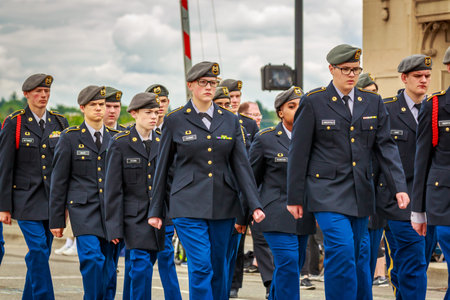 Portland, Oregon, USA - June 8, 2019: Oregon City High School Marching Band in the Grand Floral Parade, during Portland Rose Festival 2019.のeditorial素材