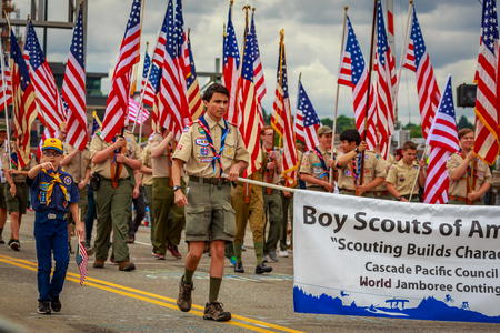 Portland, Oregon, USA - June 8, 2019: Boy Scouts of America in the Grand Floral Parade, during Portland Rose Festival 2019.のeditorial素材
