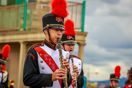 Portland, Oregon, USA - June 8, 2019: Battle Ground High School Marching Band in the Grand Floral...