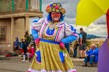 Portland, Oregon, USA - June 8, 2019: Rose Festival Circus Corps in the Grand Floral Parade, during...