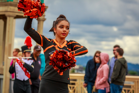 Portland, Oregon, USA - June 8, 2019: Battle Ground High School Marching Band in the Grand Floral Parade, during Portland Rose Festival 2019.のeditorial素材