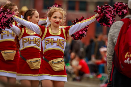 Portland, Oregon, USA - June 8, 2019: Prairie High School Marching Band in the Grand Floral Parade,...