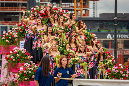 Portland, Oregon, USA - June 8, 2019: Rose Festival Court in the Grand Floral Parade, during...
