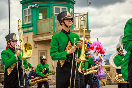 Portland, Oregon, USA - June 8, 2019: Parkrose High School Marching Band in the Grand Floral Parade, during Portland Rose Festival 2019.のeditorial素材