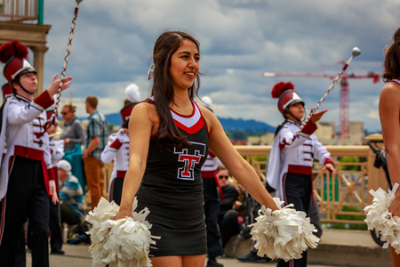 Portland, Oregon, USA - June 8, 2019: Tualatin High School Timberwolves Marching Band in the Grand Floral Parade, during Portland Rose Festival 2019.のeditorial素材