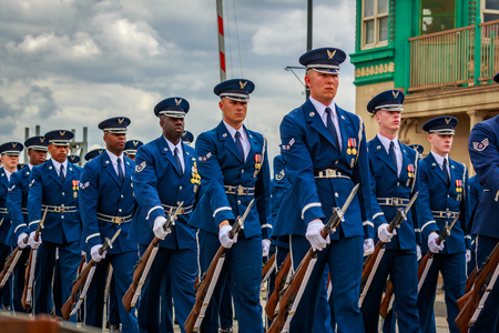 Portland, Oregon, USA - June 8, 2019: United States Air Force Honor Guard in the Grand Floral Parade, during Portland Rose Festival 2019.のeditorial素材