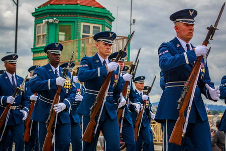 Portland, Oregon, USA - June 8, 2019: United States Air Force Honor Guard in the Grand Floral Parade, during Portland Rose Festival 2019.のeditorial素材