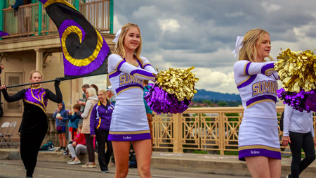 Portland, Oregon, USA - June 8, 2019: Sumner High School Spartan Marching Band in the Grand Floral...