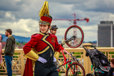 Portland, Oregon, USA - June 8, 2019: Kingston High School Buccaneer Marching Band in the Grand Floral Parade, during Portland Rose Festival 2019.のeditorial素材