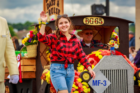 Portland, Oregon, USA - June 8, 2019: Young girl in the Grand Floral Parade, during Portland Rose...