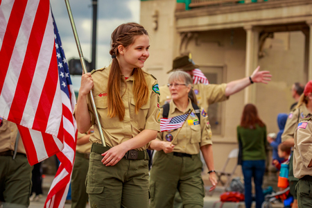 Portland, Oregon, USA - June 8, 2019: Boy Scouts of America in the Grand Floral Parade, during Portland Rose Festival 2019.のeditorial素材