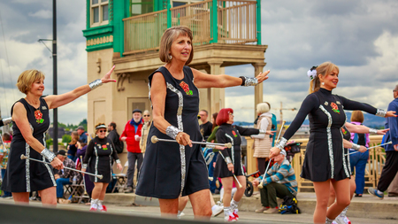 Portland, Oregon, USA - June 8, 2019: One More Time Around Again Marching Band in the Grand Floral Parade, during Portland Rose Festival 2019.のeditorial素材