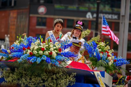 Portland, Oregon, USA - June 8, 2019: Seattle Seafair Commodores Mini-Float in the Grand Floral Parade, during Portland Rose Festival 2019.のeditorial素材