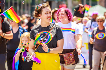 Portland, Oregon, USA - June 16, 2019: Diversified group of people in Portland's 2019 Pride Parade.のeditorial素材