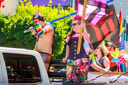 Portland, Oregon, USA - June 16, 2019: Diversified group of people in Portland's 2019 Pride Parade.のeditorial素材