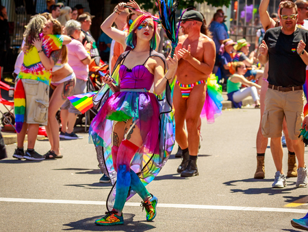 Portland, Oregon, USA - June 16, 2019: Diversified group of people in Portland's 2019 Pride Parade.のeditorial素材