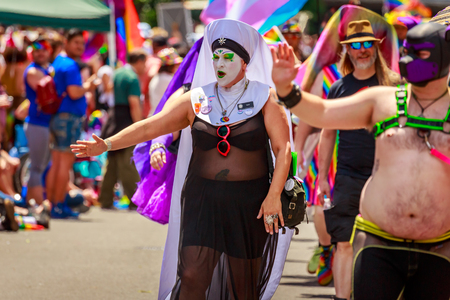 Portland, Oregon, USA - June 16, 2019: Portland Sisters of Perpetual Indulgence in Portland's 2019 Pride Parade.のeditorial素材