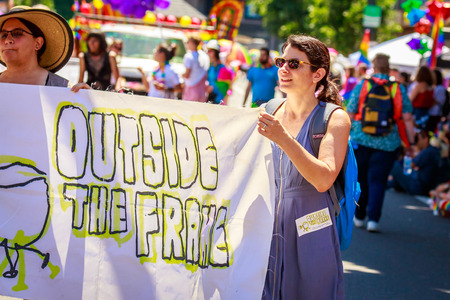 Portland, Oregon, USA - June 16, 2019: Diversified group of people in Portland's 2019 Pride Parade.のeditorial素材