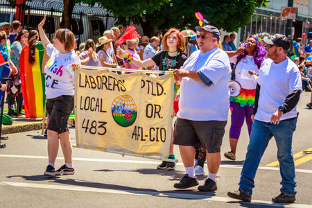 Portland, Oregon, USA - June 16, 2019: Diversified group of people in Portland's 2019 Pride Parade.