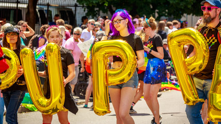 Portland, Oregon, USA - June 16, 2019: Diversified group of people in Portland's 2019 Pride Parade.