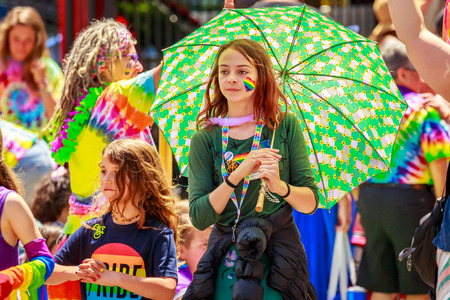 Portland, Oregon, USA - June 16, 2019: Diversified group of people in Portland's 2019 Pride Parade.のeditorial素材