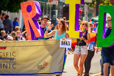 Portland, Oregon, USA - June 16, 2019: Diversified group of people in Portland's 2019 Pride Parade.