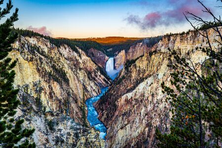 Lower Falls and Yellowstone River viewed from Artist Point, Grand Canyon at Yellowstone National Parkの写真素材