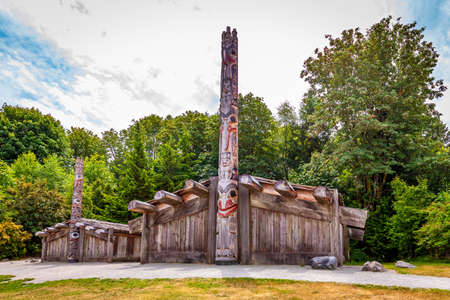 First Nations totem poles and Haida houses in Museum of Anthropogy at UBCのeditorial素材