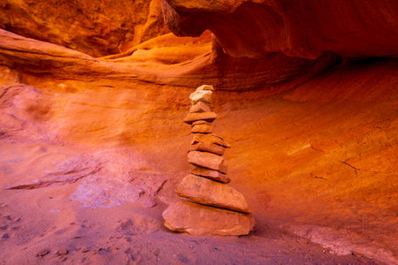 Red rock cairn in Devil's Garden, Arches National Park, Utahの写真素材