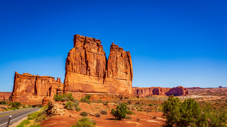 The Organ rock formation and Tower of Babel in Arches National Park, Utahの写真素材
