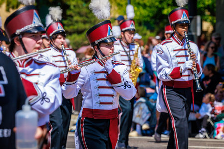Portland, Oregon, USA - June 10, 2023: Tualatin High School Timberwolves Marching Band in the Grand...