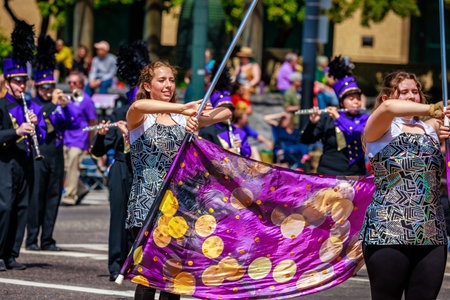 Portland, Oregon, USA - June 10, 2023: Hermiston High School Marching Band in the Grand Floral Parade, during Portland Rose Festival 2023.のeditorial素材