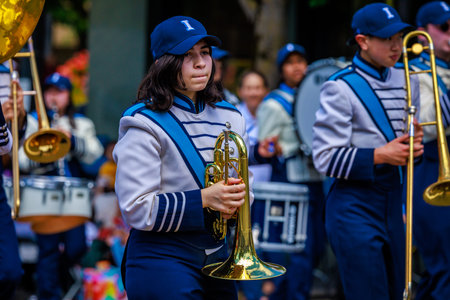 Portland, Oregon, USA - June 10, 2023: Interlake High School Marching Band in the Grand Floral...