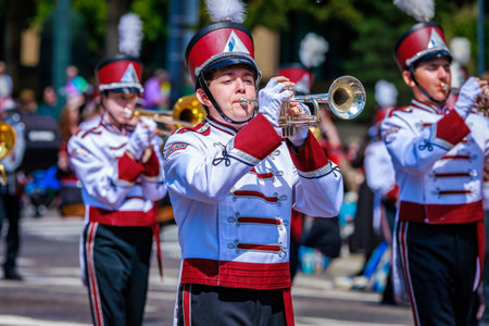 Portland, Oregon, USA - June 10, 2023: Tualatin High School Timberwolves Marching Band in the Grand Floral Parade, during Portland Rose Festival 2023.のeditorial素材