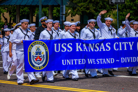 Portland, Oregon, USA - June 10, 2023: USS Kansas City crew in the Grand Floral Parade, during Portland Rose Festival 2023.のeditorial素材