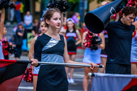 Portland, Oregon, USA - June 10, 2023: Tualatin High School Timberwolves Marching Band in the Grand Floral Parade, during Portland Rose Festival 2023.のeditorial素材