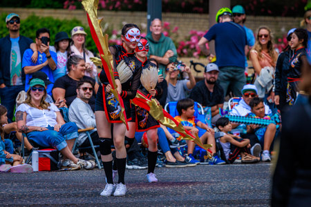 Portland, Oregon, USA - June 10, 2023: Shu-Te High School Marching Band in the Grand Floral Parade, during Portland Rose Festival 2023.のeditorial素材