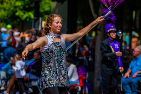 Portland, Oregon, USA - June 10, 2023: Hermiston High School Marching Band in the Grand Floral Parade, during Portland Rose Festival 2023.のeditorial素材