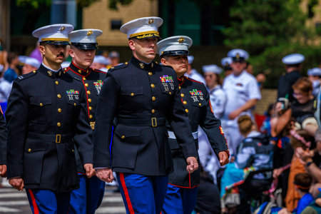 Portland, Oregon, USA - June 10, 2023: Third Marine Aircraft Wing Marching Band in the Grand Floral Parade, during Portland Rose Festival 2023.のeditorial素材