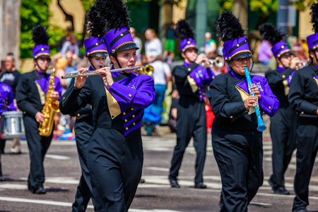 Portland, Oregon, USA - June 10, 2023: Hermiston High School Marching Band in the Grand Floral Parade, during Portland Rose Festival 2023.のeditorial素材