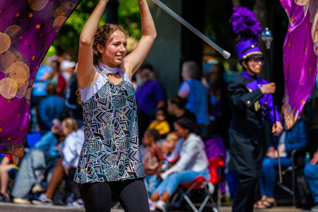 Portland, Oregon, USA - June 10, 2023: Hermiston High School Marching Band in the Grand Floral Parade, during Portland Rose Festival 2023.のeditorial素材