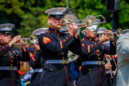 Portland, Oregon, USA - June 10, 2023: Third Marine Aircraft Wing Marching Band in the Grand Floral Parade, during Portland Rose Festival 2023.のeditorial素材
