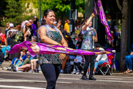 Portland, Oregon, USA - June 10, 2023: Hermiston High School Marching Band in the Grand Floral Parade, during Portland Rose Festival 2023.のeditorial素材