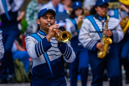 Portland, Oregon, USA - June 10, 2023: Interlake High School Marching Band in the Grand Floral Parade, during Portland Rose Festival 2023.のeditorial素材