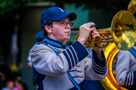 Portland, Oregon, USA - June 10, 2023: Interlake High School Marching Band in the Grand Floral Parade, during Portland Rose Festival 2023.のeditorial素材